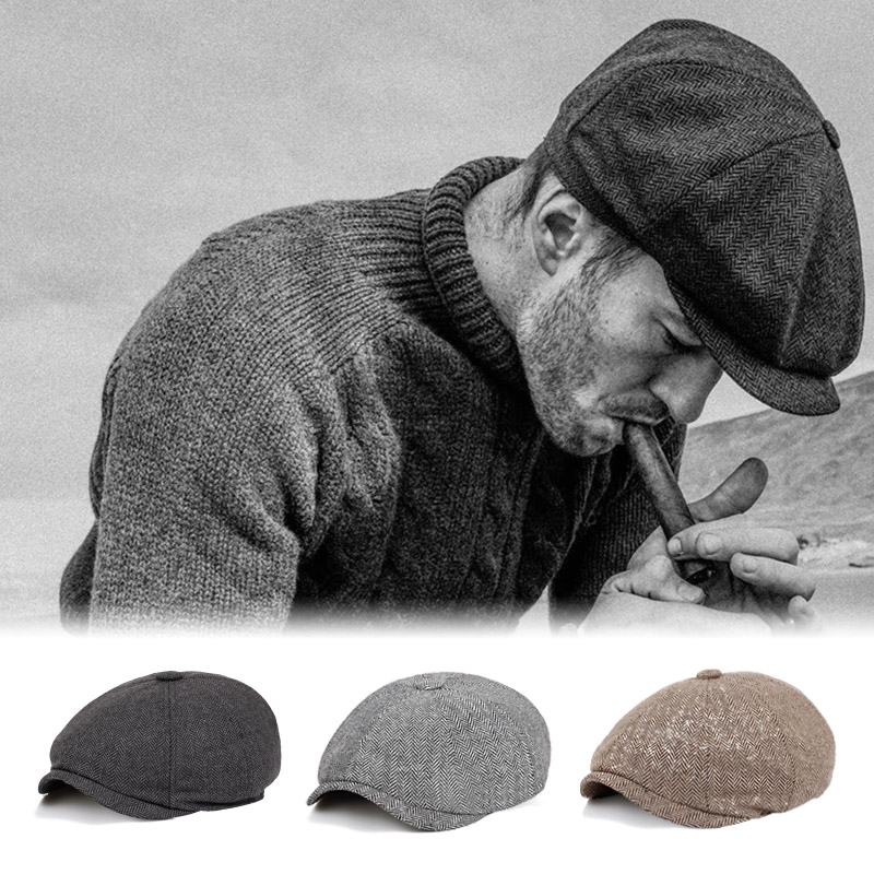 

New vintage Beret Hat Men beret Herringbone Gatsby Tweed peaky blinders hat Newsboy spring Flat Peaked Hats Hats, Grey