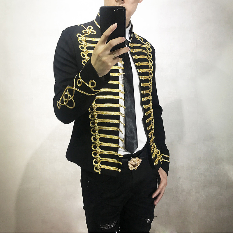 

Stage Suit Fashion Men Party Suit Performers Coat Casual Drama Costume Blazer Gold Thread Blazer Slim Fit Jacket Singers Coat, Black