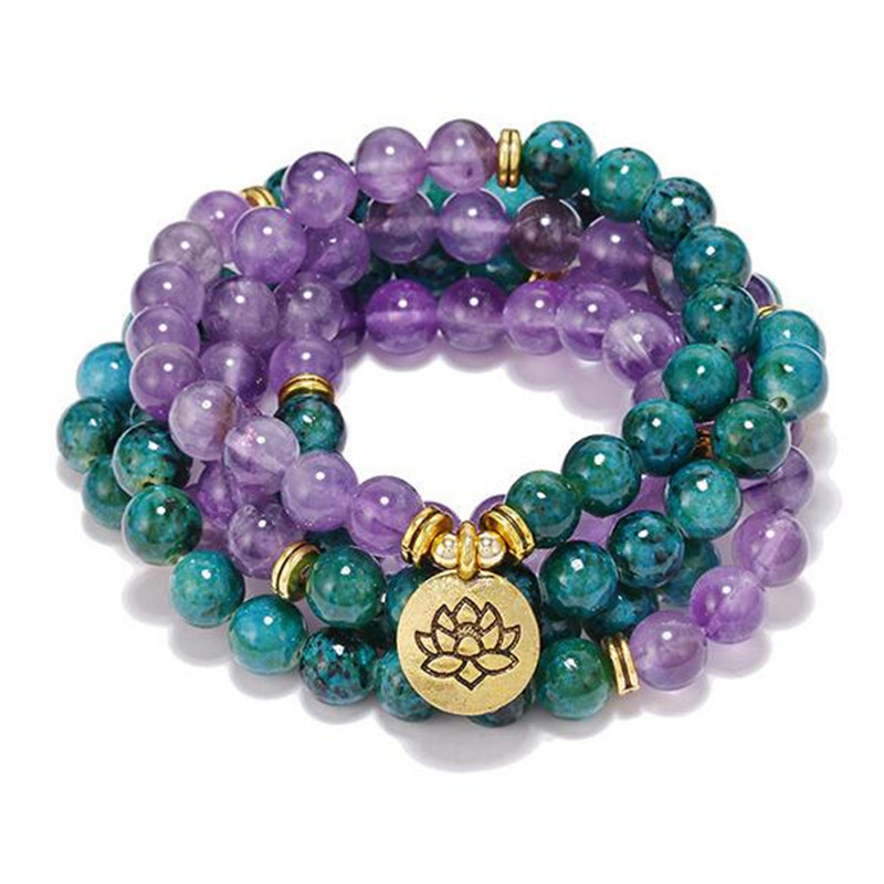

108 Prayer Beads Healing Stone OM Necklace Or Bracelet Unisex 8mm Amethysts & Azurite Malachite Meditation Bracelet Men Women
