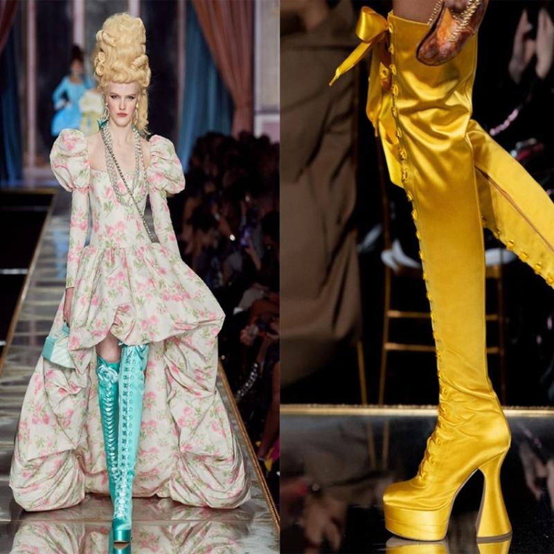 

US4-11 Womens Pointy Toe Silk Satin Over The Knee Boots Strange High Heel Lace Up Shoes Leather Slim Fit Plus Size 6Colors, Black