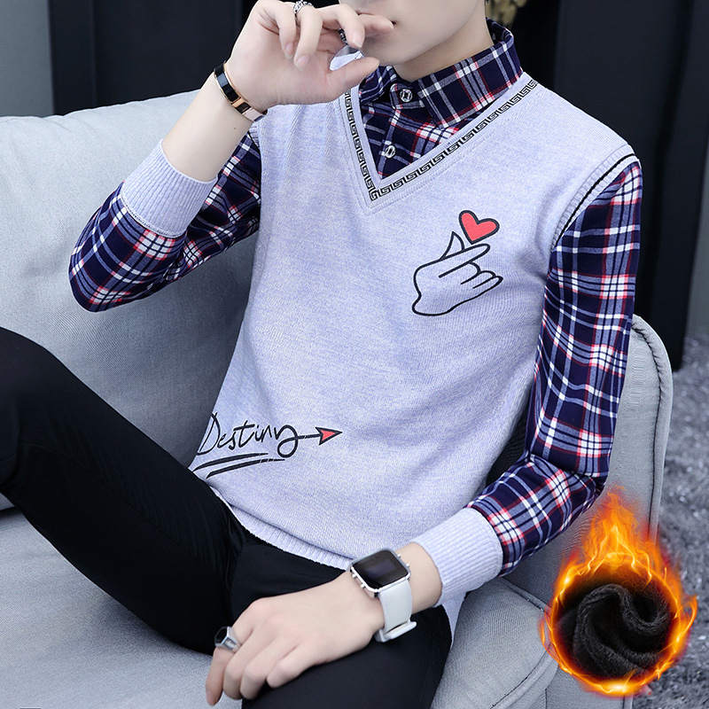 

Cross Border New Products Winter Sweater Male Plus Velvet Mock Two-Piece Thickening Shirt Collar Sweater Young and Middle-Aged P, Gray
