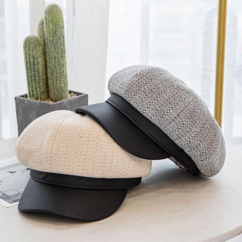 

NEW Women Wool Felt Berets High Quality Autumn Winter Hat Leather stitching Warm Octagonal Newsboy Cap Retro Plaid Beret Cap, Khaki