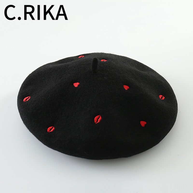 

Autumn Winter Hats for Women Lady Wool Beret Embroidered Red Heart Lip Painter Hat Female Boina Soft Warm Beret Hat French, White