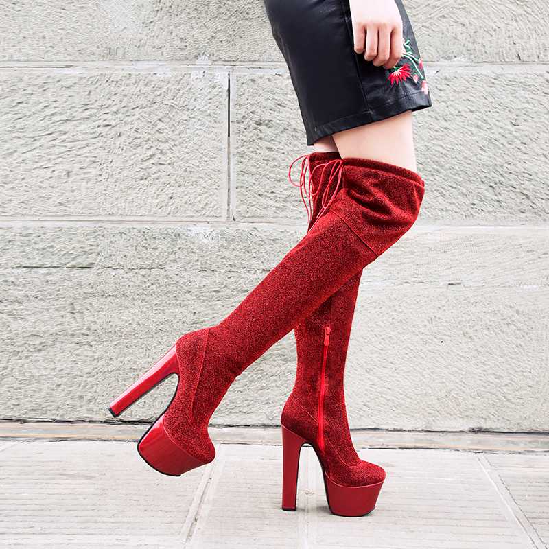 

Women Platform Over The Knee Boots Sexy 17CM Super High Heels Thigh High Stretch Slim Sexy Ladies Women's Winter Boots, 4 red