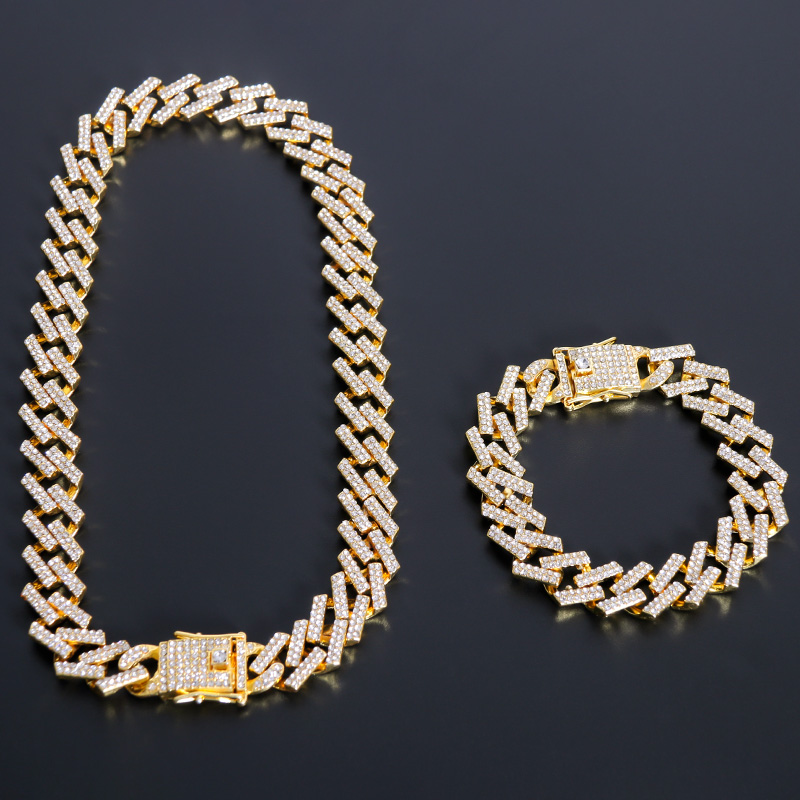 

13mm Miami Prong Gold Silver Color Necklaces Cuban Chain 2 Row Full Iced Out Rhinestones Necklace Bracelet Mens Hip Hop Jewelry