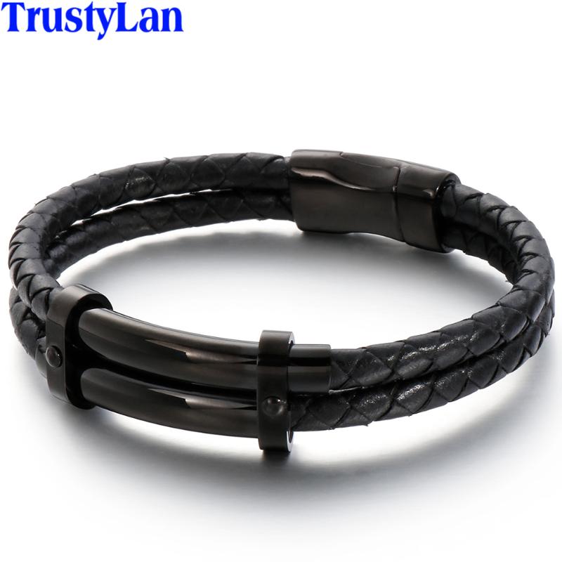

Double Layer Braided Genuine Leather Bracelet Men Polished Black Stainless Steel Mens Bracelets Cool Wrap Bangles Male Jewelry
