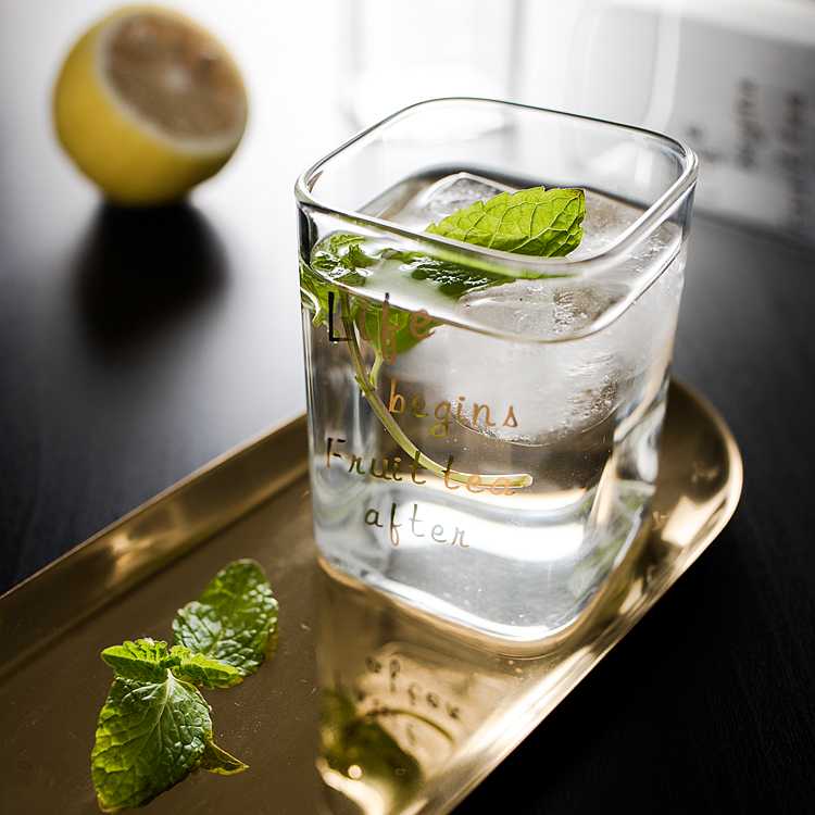 

Chic Square Glass Mug Creative Gold Letter Printing Breakfast Milk Coffee Cup Crystal Transparent Heat-resistant Drinkware, Style 3