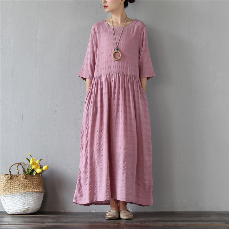 

Johnature Women Cotton Linen High Waist O-Neck Pockets Half Sleeve Dresses 2020 Summer New Loose Casual Cloths Soft Plaid Dress, Pink