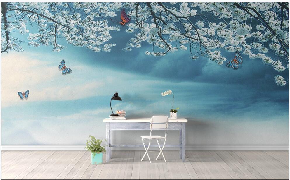 

3d wallpaper custom photo mural on the wall Cherry blossom blue natural scenery background home decor living room wallpaper for walls 3 d, Non-woven wallpaper