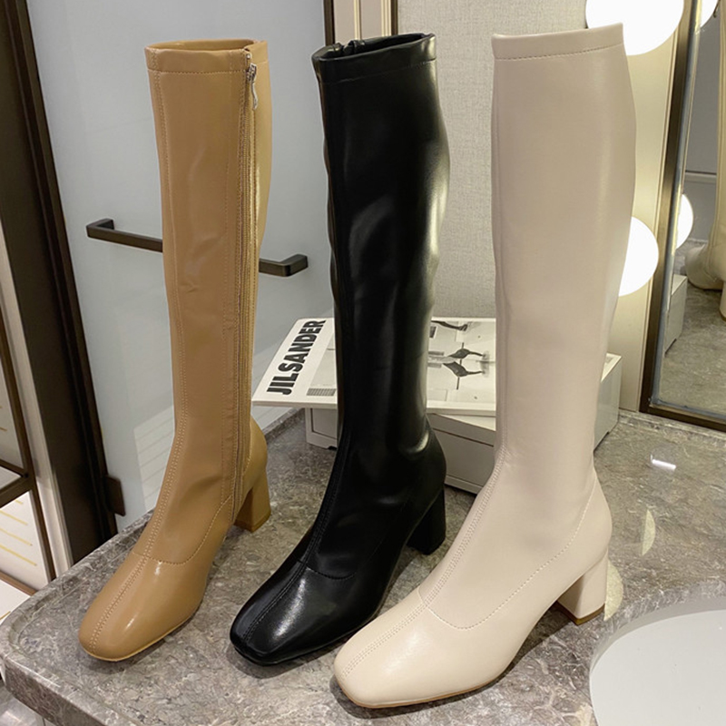 

2020 Winter Trending Women Knee High Fur Boots Square High Heels Beige Boots Square Toe Zippers Apricot Ladies Party Shoes