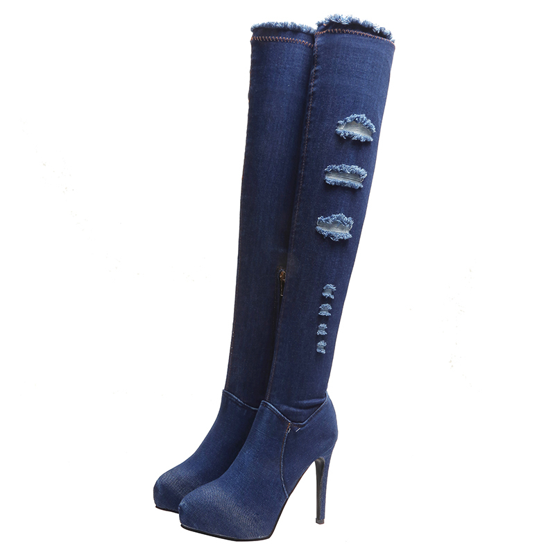 

Womens Cowboy Boots 2020 New Fashion OverKnee Boot Zipper Supper High Heels Casual Denim Shoes Woman Over The Knee Boots Female, Dark blue