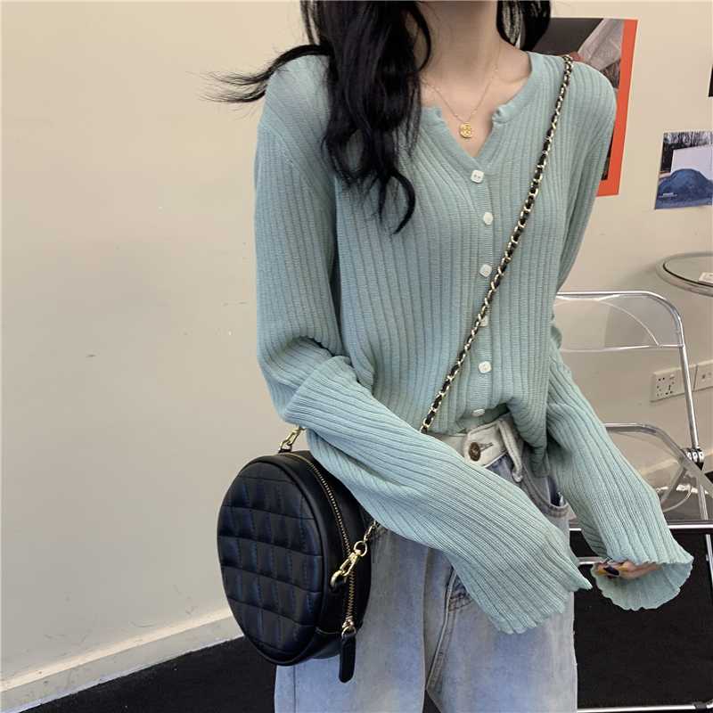 

Women Autumn Spring Button Front Crop Knitted Top V-neck Ribbed Knit Cardigans Crop Knitted Soft Sweater For Women, Black