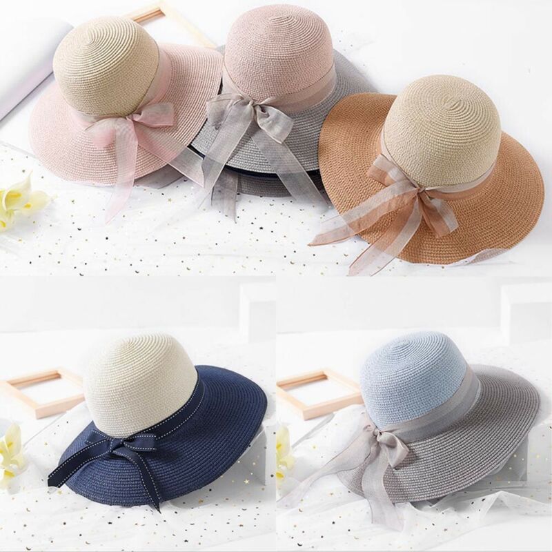 

New Summer Women Girl Beach Floppy Straw Hat Summer Hats Sun Hats Protection Panama Beach Bow Hat, Sky blue