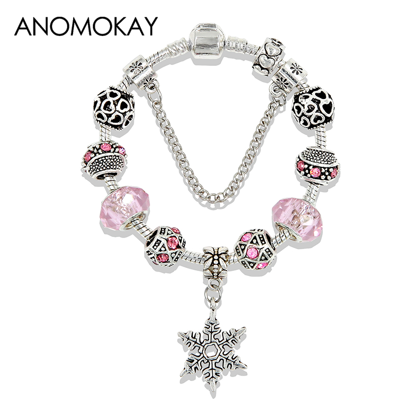 

Classic Silver Color Snowflake Pendant Charm Bracelet Pink Crystal Heart Women Bead Bracelet Bangle Diy Jewelry Accesories Gift