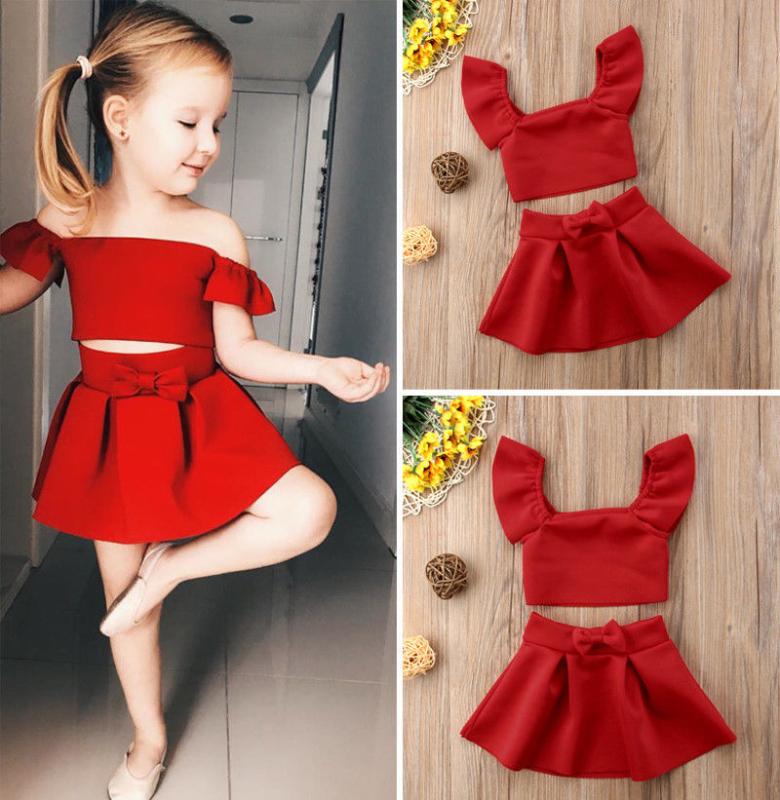

Girl Clothes 2Pcs Newborn Kids Baby Girl Off Shoulder Crop Top Skirt Dress Outfits Clothes 2020, As pic