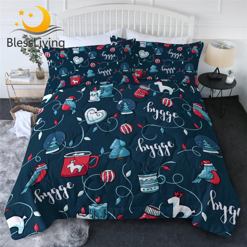 

BlessLiving Merry Christmas Quilt Set Xmas Trees Candles Summer Bedspread Toys Thin Comforter Blue Red Duvet New Year Blanket, 001