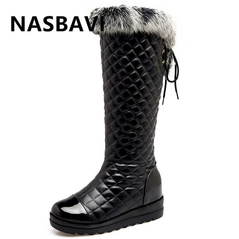 

Europe and America winter boot women Knee-High warm boots round toe ladies fashion lacing hair snow boots waterproof boot, Black