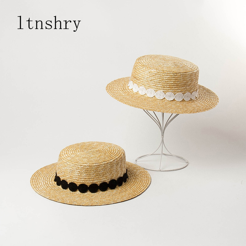 

Fashion Summer Sun Hat Women Wide Brim Visor Straw Hat Elegant Black White Lace Flat Beach Ladies Cap for Vacation