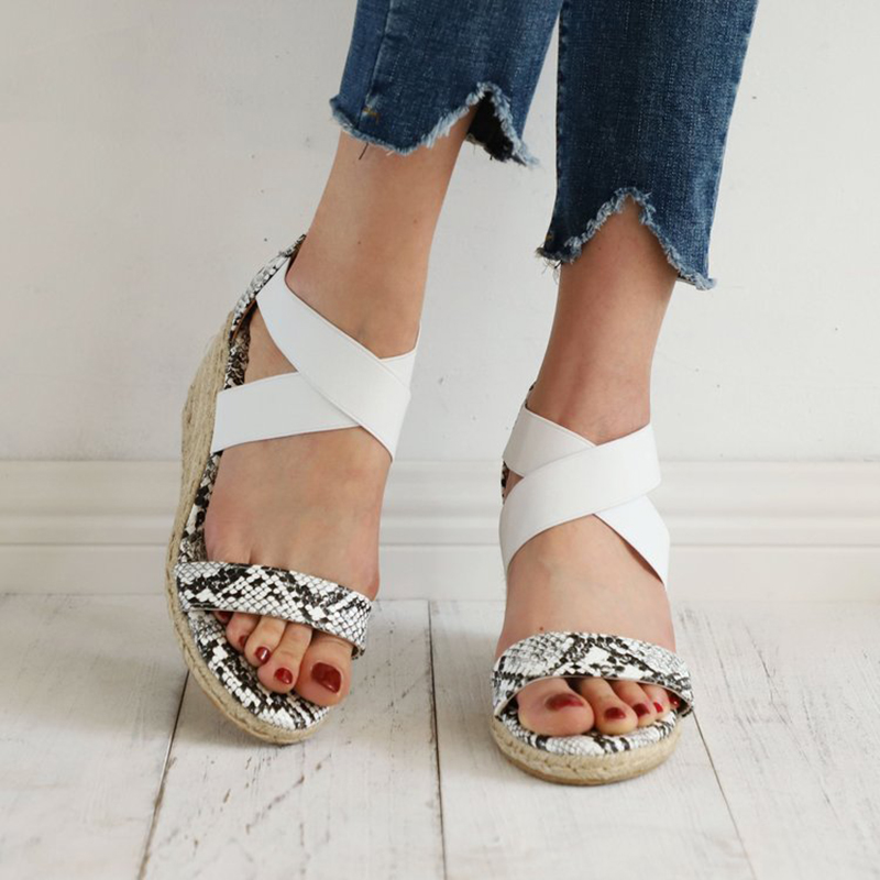 

2020 Women's Leopard Slip-On Sandals Female Cover Heel High Heels Woman Peep-Toe Wedges Summer Shoes For Women Zipper Footwear, Snake white