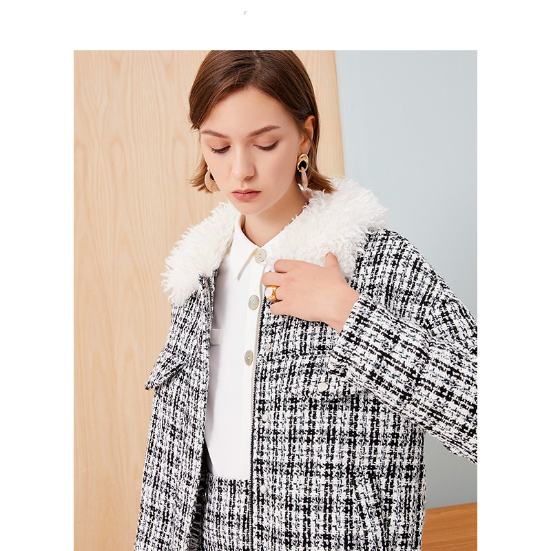 

Women' Costumes Autumn Winter Jacket Women 2020 New Faux Fur Collar Woman Cloth Tweed Short Coat Female Mujer Parkas LXR275, White green