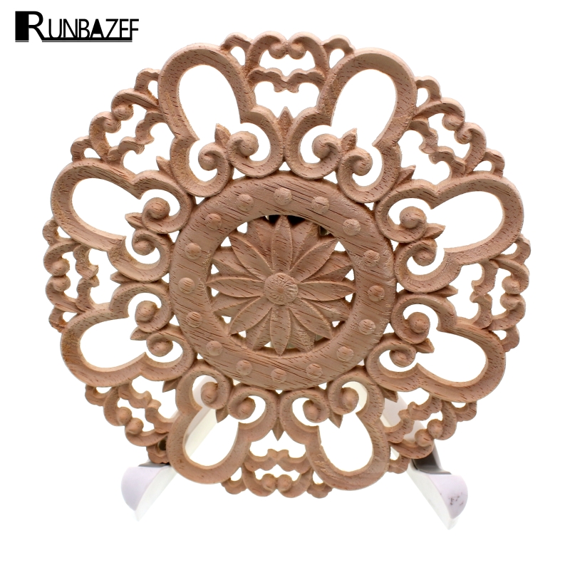 

RUNBAZEF Rubber Wood Carved Round Applique Furniture Natural Unpainted for Home Decoration Accessories Vintage Craft Figurine