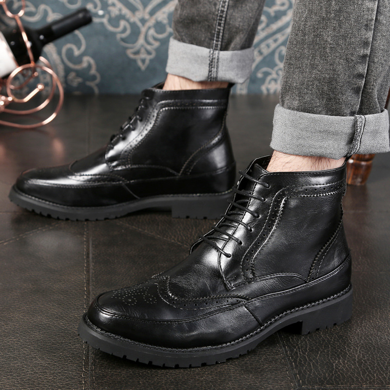 

New Men Shoes Spring Autumn Men Boots Fashion Carved Male Lace-UP Shoes High-Cut Casual Fashion Ankle Boots, Black
