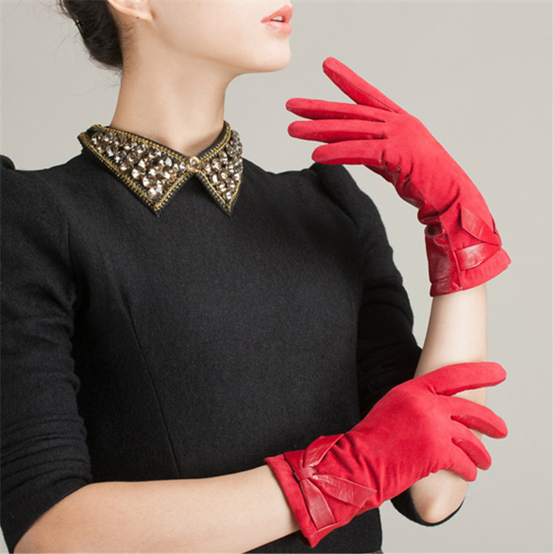 

Fashion bridal bow splicing sheepskin gloves, winter warm leather gloves to keep out the cold