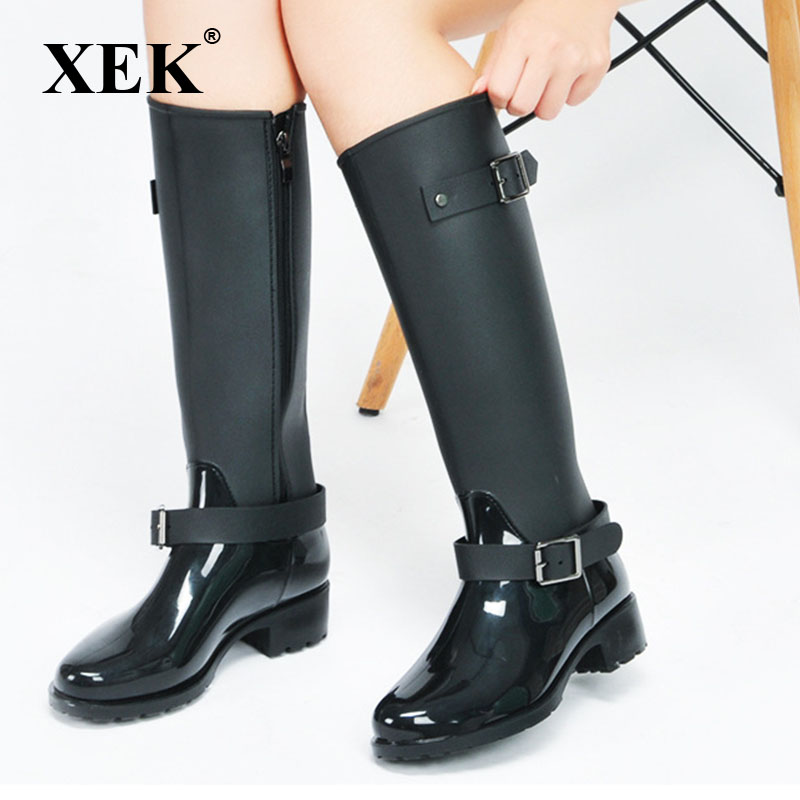 

XEK Spring winter boots brand design mid-calf boots student zip rain preppy shoes woman buckle rubber rainboots ZLL345, Wine red