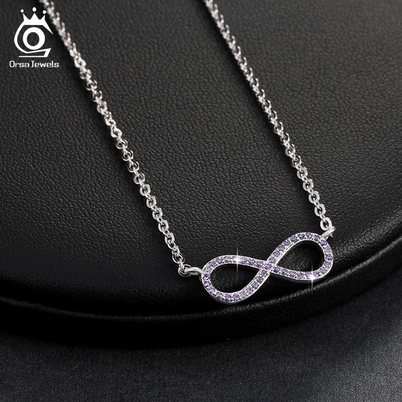 

ORSA JEWELS Silver Color Infinity Pendant Necklaces Full Shiny Yellow/Purple/Clear Cubic Zircon New Fashion Women Jewelry ON103