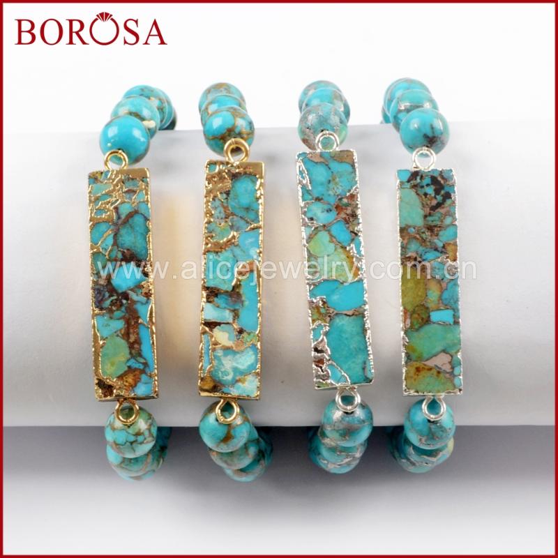 

BOROSA 4PCS Gold Color Rectangle Copper Turquoises With 8mm Beads Bracelet Jewelry,Fashion Natural Blue Stone Bangle G1651 S1651