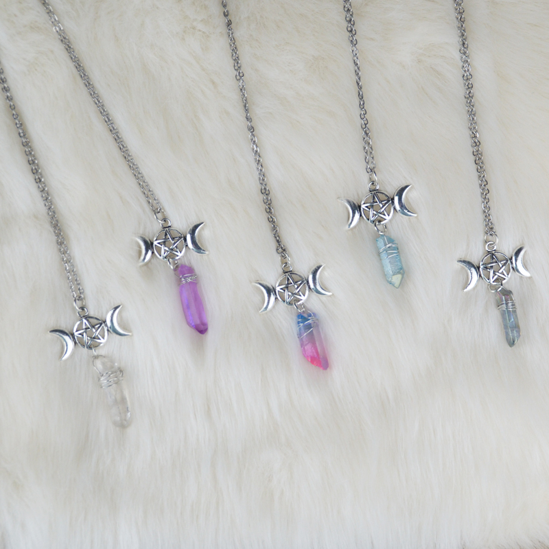 

Vintage Triple Moon Pentagram Crystal Quartz Pendant Necklace