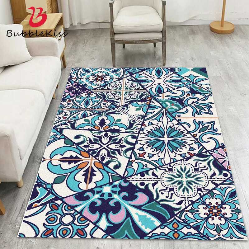 

Bubble Kiss Ethnic Style Blue Geometric Design Carpet Non-Slip Home Bedroom Decor Carpets Thicken Living Room Carpet Floor Mats