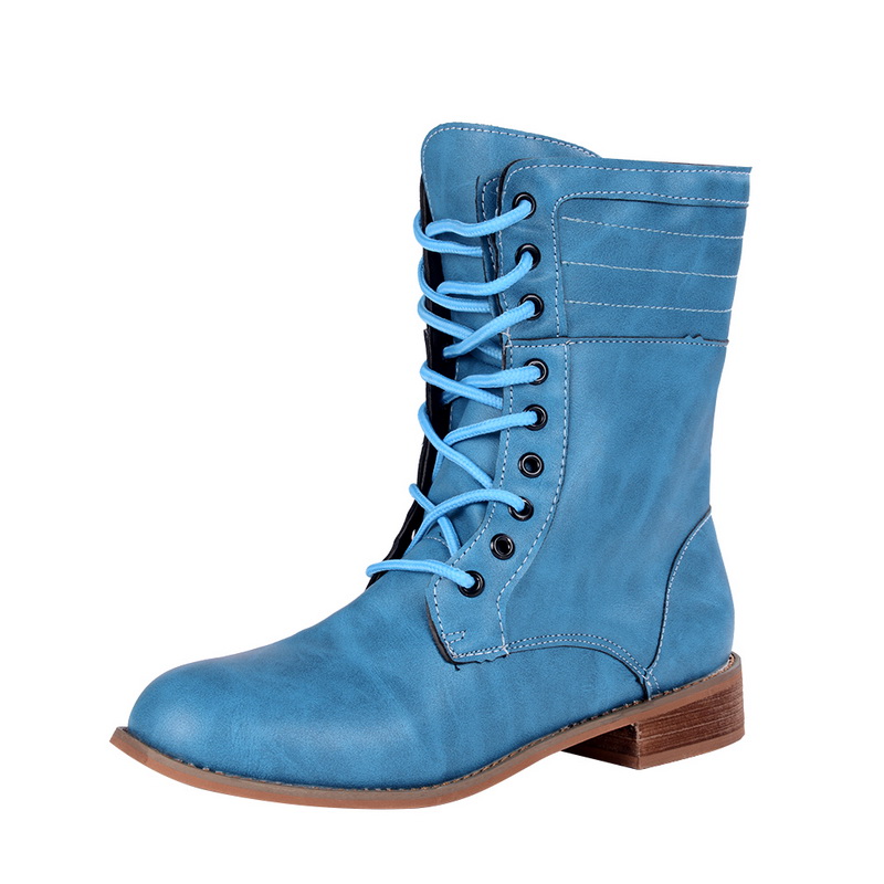 

2020 Women Ankle Short Boots Shoes Women Lace-up Retro Solid Color Flock Med Heel Female Shoes Comfort Large Size Ladies Boots, Sky blue
