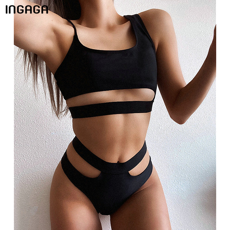 

INGAGA Black Bikinis Cut Out Swimsuits High Waist Swimwear Women Strap Biquini Bandeau Bathers Bathing Suit Women 2020 New
