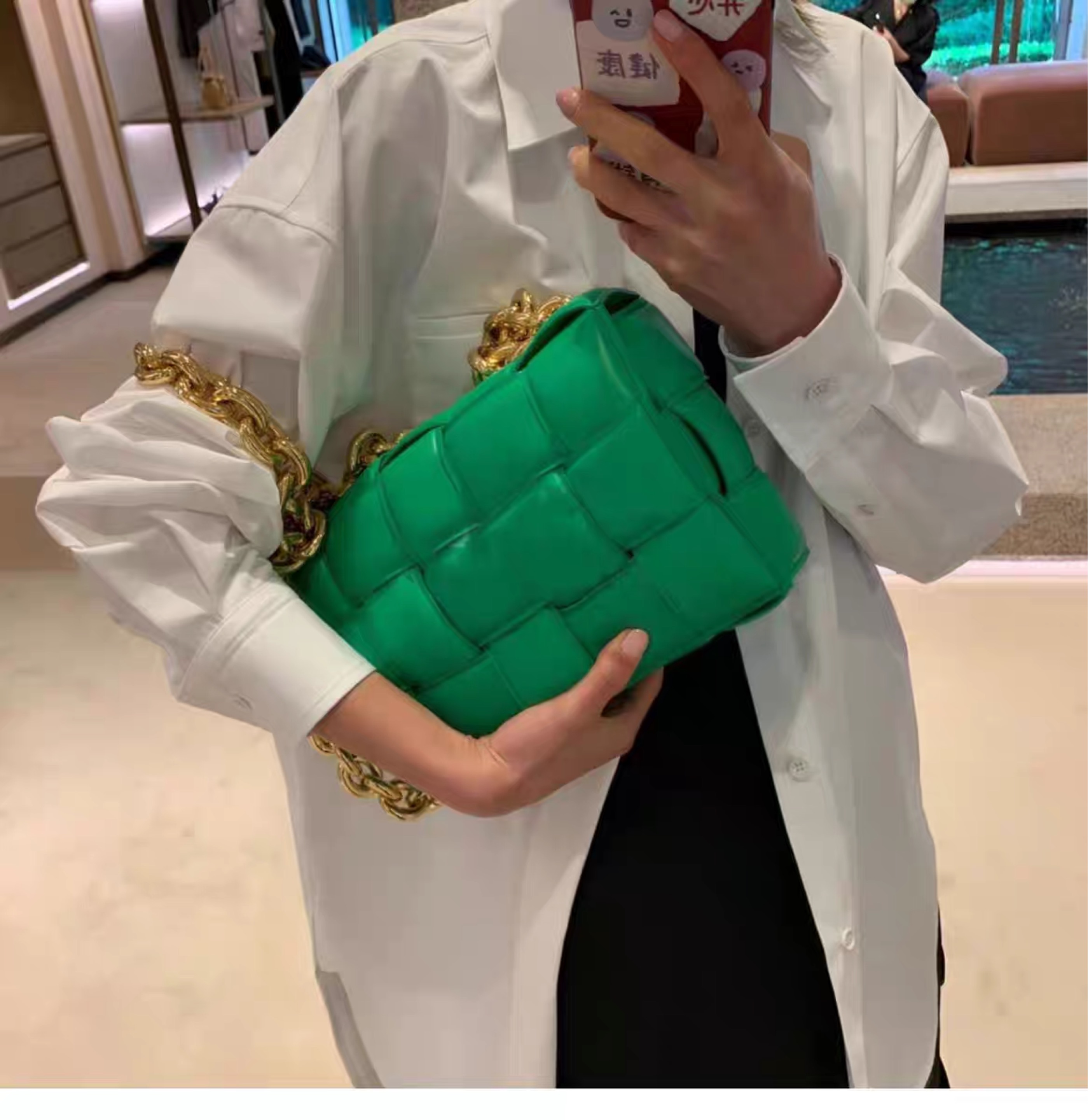 

Thick Chain Woven Square Bag Wild Portable Messenger Bag 2021 New Design Women Bag Solid Pillow, Green