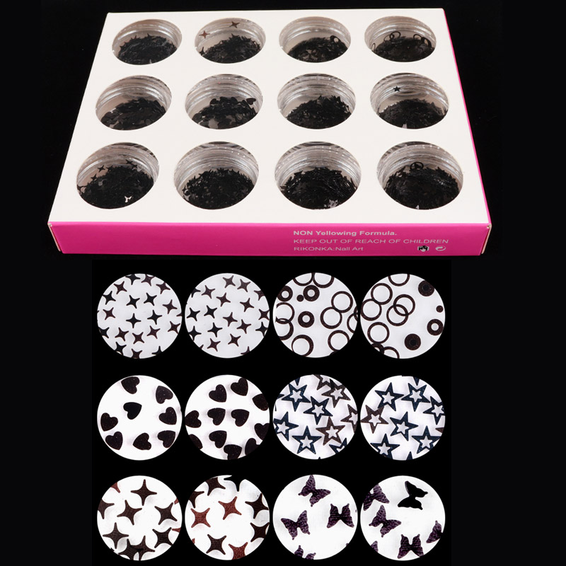 

12pcs/set Nail Glitter Black Butterfly Heart Star Hollow Star Flakes Sparkles Nails Art Sequins Pigment 3D Polish Decorations