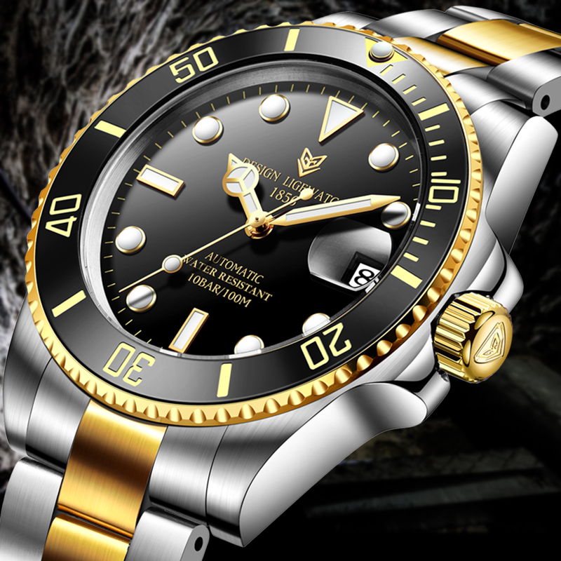 

Wristwatches 2021 LIGE Men Automatic Mechanical Clock Fashion Business Waterproof Sapphire Glass Watches For Mens 316L Steel NH35 Movement, Gold black