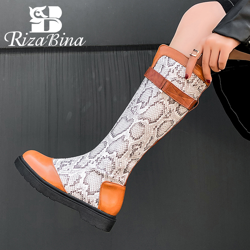 

RIZABINA Women Knee Boots Fasion Winter Shoes Women Warm Fur Zipper Flats Long Boots Patchwork Office Lady Footwear Size 34-43, Black
