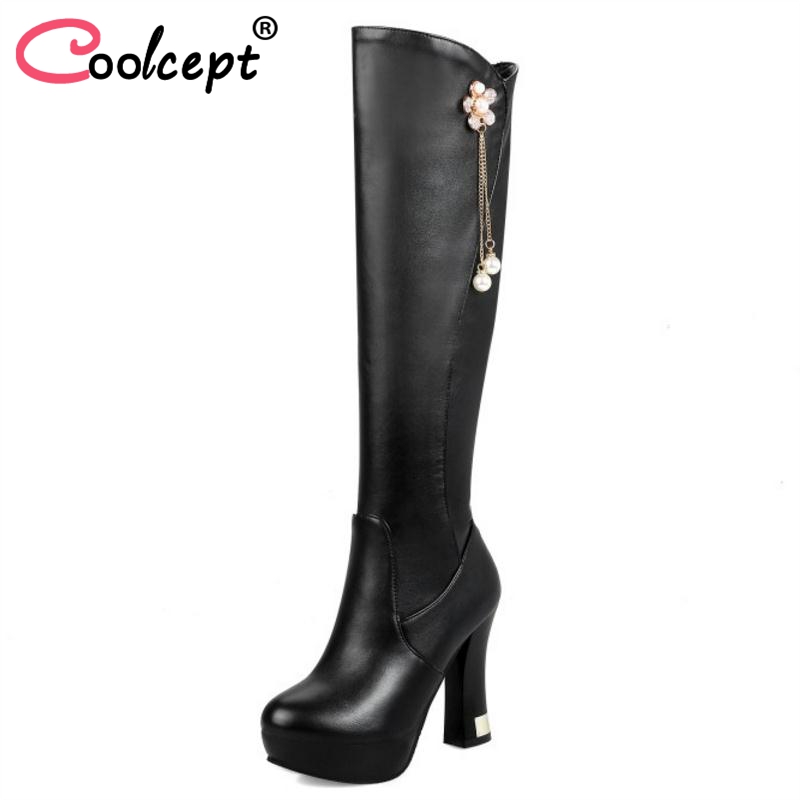 

CoolCept Size 32-43 Ladies High Heel Boots Fur Winter Shoes Woman Warm Knee Boots Flowers Beads Fashion Shoes Ladies Footwear, Black