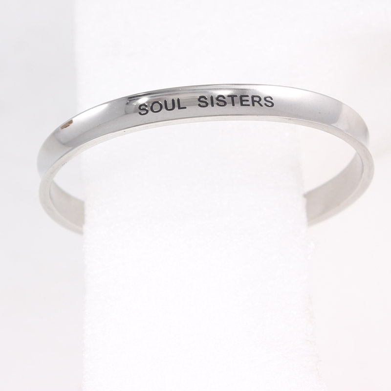 

New Fashion Stainless Steel Engraved SOUL SISTERS Positive Inspirational Quote Cuff Mantra Bracelet Bangle For Women Best Gifts