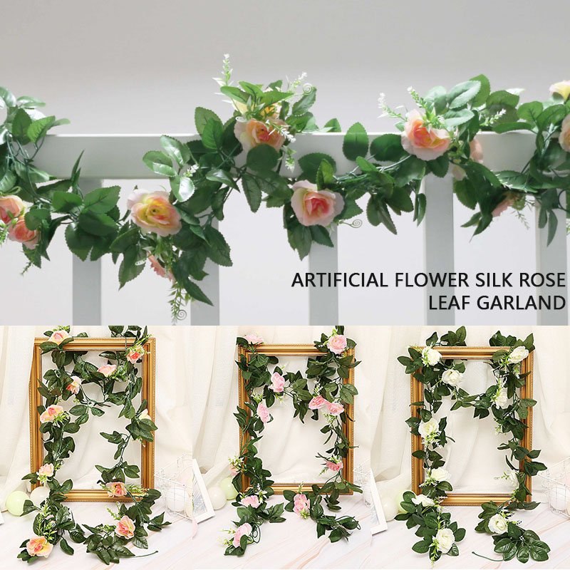 

2.4M Artificial Flower Silk Flowers Rose Leaf Garland Vine for Home Wedding Garden Decoration DIY Hanging Hanging Garland Wall, Pink