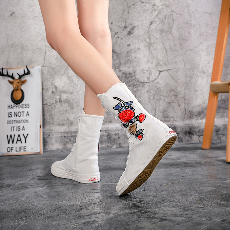 

Women Boots Canvas Shoes Embroidered Rose Flowers Flat Boots Cross-strap Ribbon High Casual Booties Shoes Woman Sneakers Ladies, White 2cm