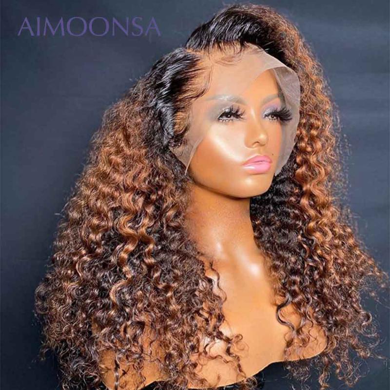 

Honey Blonde Wig Deep Curly Human Hair Wig Ombre 180 Density Lace Front 13x4 Human Wigs With Baby Hair Pre Pluck Remy, As pic