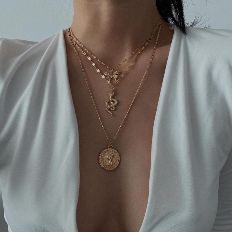 

Bohemian Multi Layered Necklace for Women Vintage Portrait Coin Moon Butterfly Pendant Necklace Geometric Collier Collares