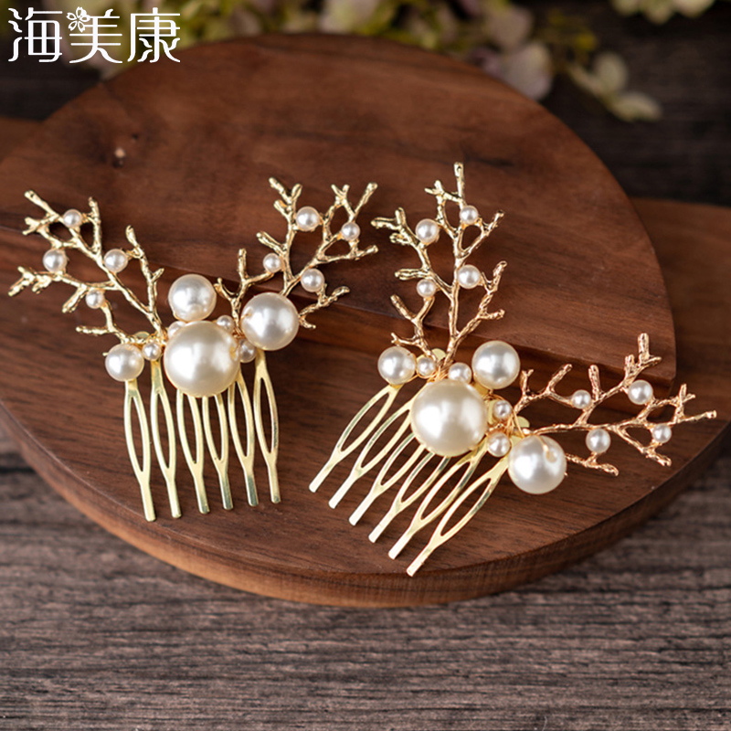 

Haimeikang New Wedding Romantic Crystal Pearl Flower Antlers Hair Comb Rhinestone Bridal Hair Jewelry Accessories Golden Fashion