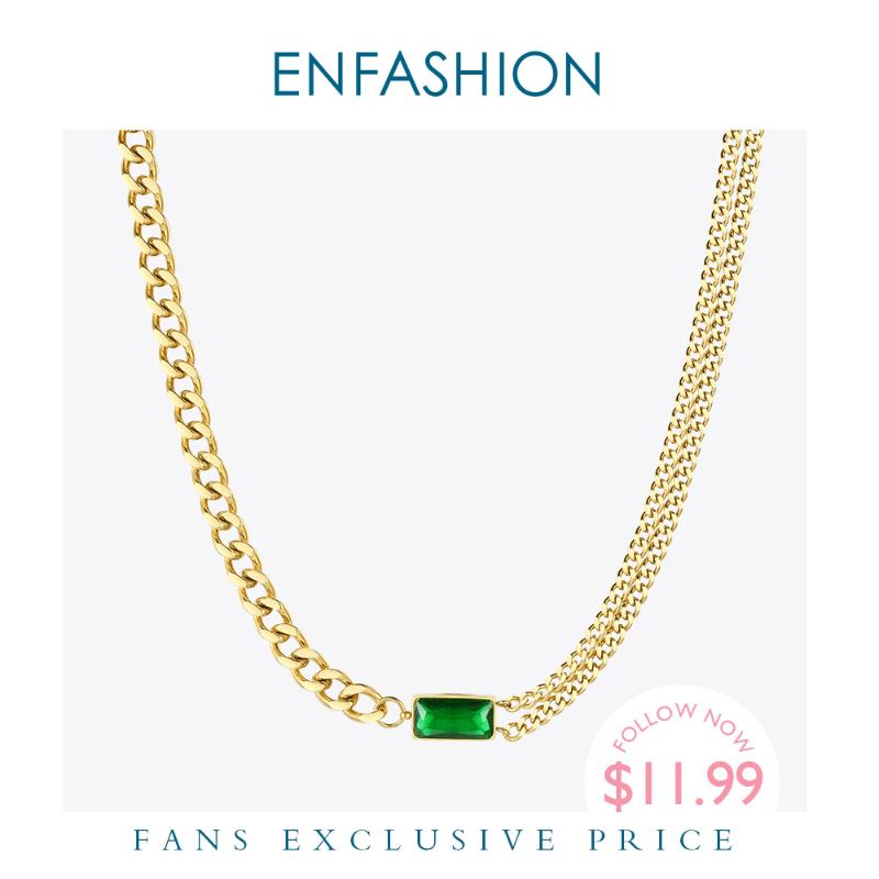 

ENFASHION Green Stone Link Chain Choker Necklace Women Gold Color Stainless Steel Glass Pendant Necklaces Fashion Jewelry P3116