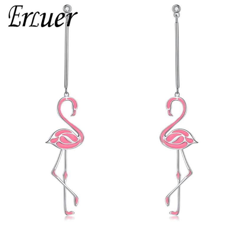 

ERLUER New Silver Color Flamingo Pink Enamel long Pendant Drop Earrings for Women Fashion wedding Dangle Earring Party Jewelry