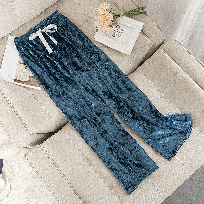 

Velour Long Loose Sleep Pants Lady 2020 New Arrival Velour Bottoms Sleepwear Solid Color Pajamas Elastic Waist Autumn Nightwear, White velvet pants c