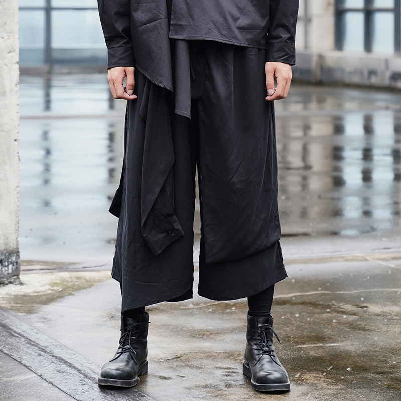 

Hair stylist trendy brand decadent casual pants original design style dark Japanese wide-leg pants skirt, Black