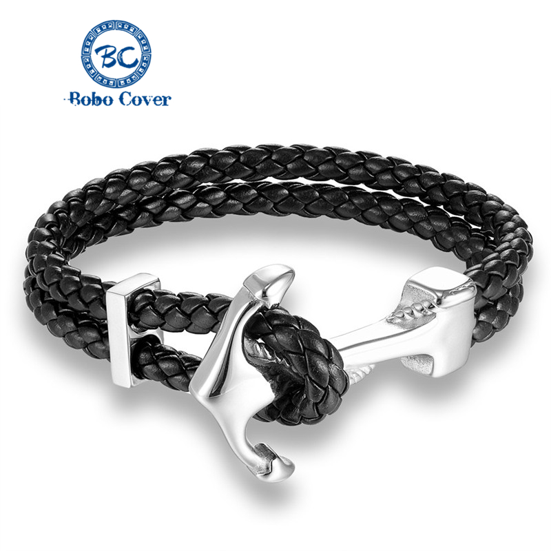 

Genuine Black Leather Couple Bracelet Stainless Steel Silvery White Anchor Charm Bracelet Men Fashion Bangle Lovers Jewelry Gift